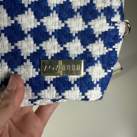 Blue Houndstooth Tweed Crossbody Bag Gold Hardware Clutch Purse - Picture 2 of 4
